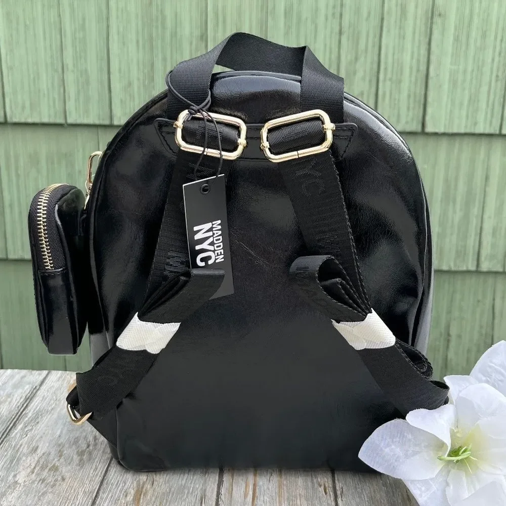 Madden NYC Black Faux Leather Mini Backpack with Gold Hardware